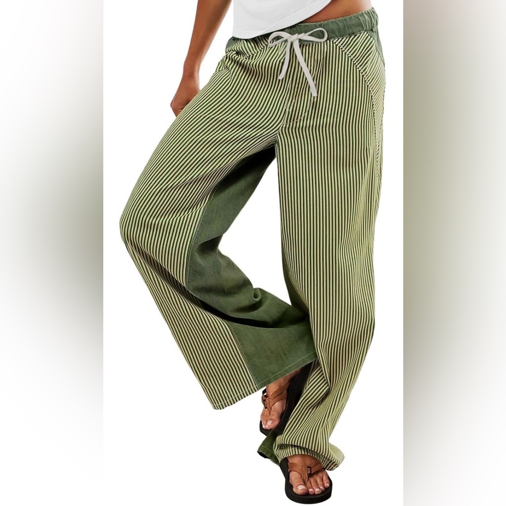 Olive Green Striped Wide-Leg Pants